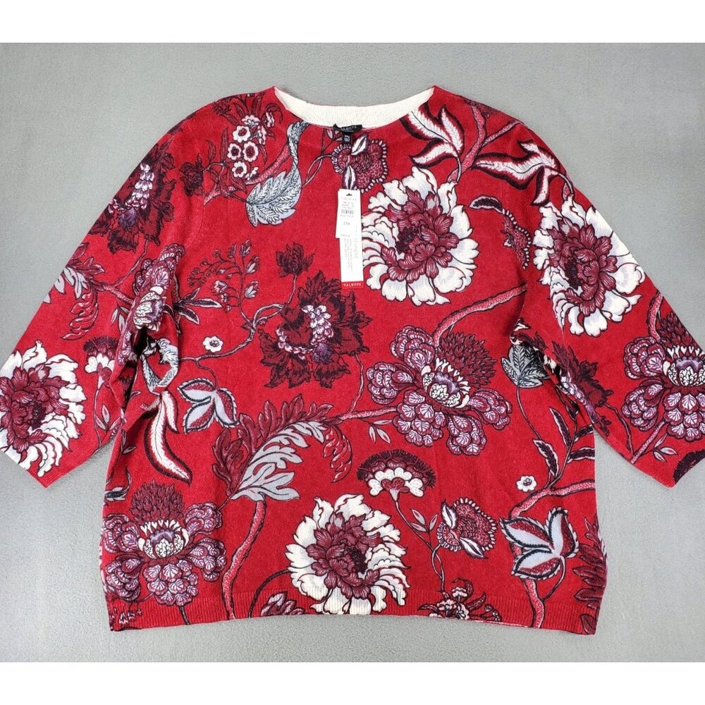 New Talbots 3XP Red Floral Cashmere Sweater Preppy Soft Casual Crew 3/4 Sleeve